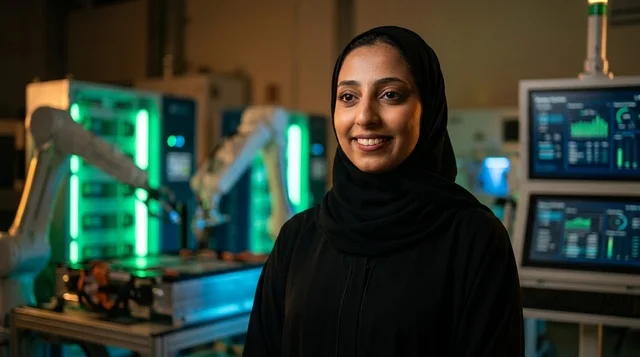 مهندسة إماراتية مبتسمة في مختبر الروبوتات المتطور