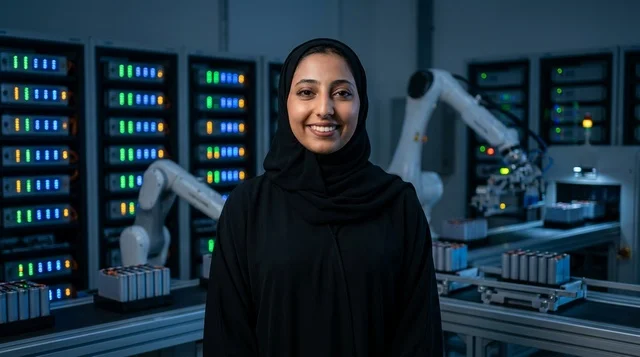 Saudi Female Engineer in Robotics Automation Factory Lab