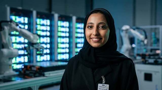 Saudi Female Engineer in Modern High-Tech Robotics Lab