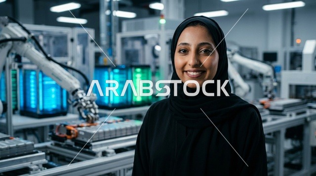 مهندسة سعودية بالعباءة والحجاب في مصنع روبوتات حديث