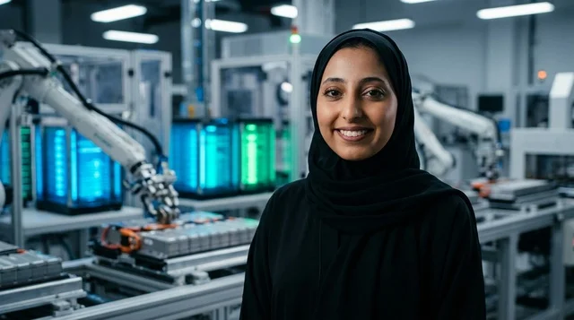 Saudi Female Engineer in Modern Automated Robotics Factory