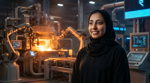 مهندسة سعودية بالعباءة والحجاب داخل مصنع صناعي ذكي