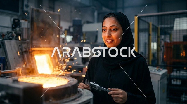 Saudi Female Engineer Working in Industrial Metal Factory