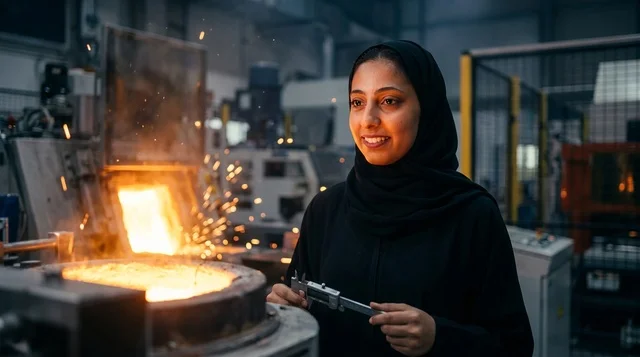 مهندسة سعودية محجبة تعمل داخل مصنع صهر المعادن