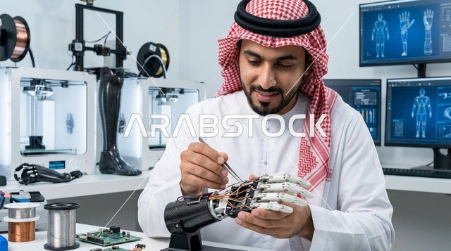 مهندس سعودي بالزي التقليدي يعمل على يد اصطناعية في مختبر