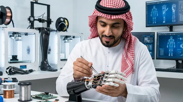 مهندس سعودي بالزي التقليدي يعمل على يد اصطناعية في مختبر