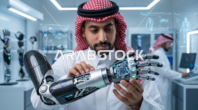 مهندس سعودي يتفحص يداً روبوتية اصطناعية في المختبر