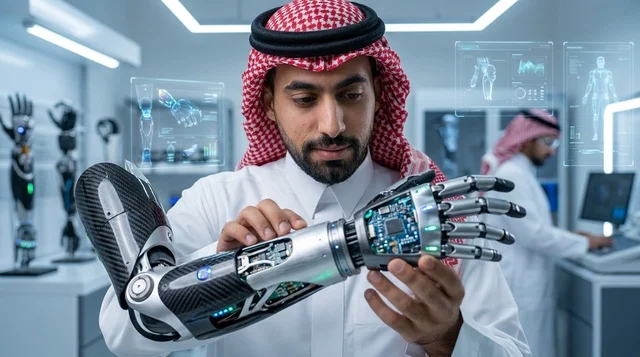 مهندس سعودي يتفحص يداً روبوتية اصطناعية في المختبر