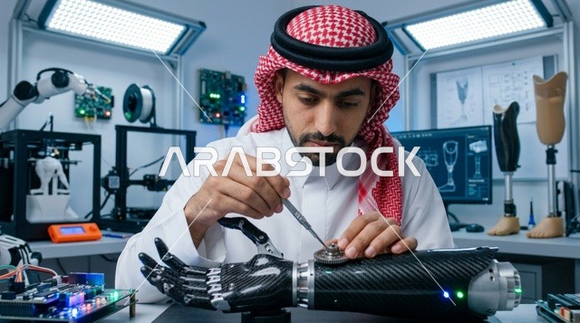 مهندس سعودي يجمع ذراعاً اصطناعية في مختبر الروبوتات