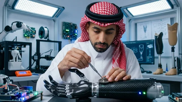 مهندس سعودي يجمع ذراعاً اصطناعية في مختبر الروبوتات