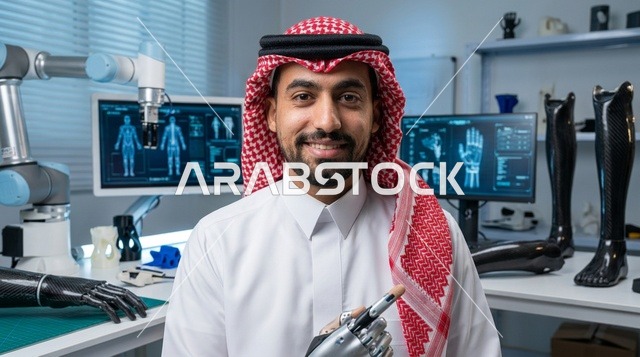 مهندس سعودي يتفحص يداً روبوتية اصطناعية في المختبر