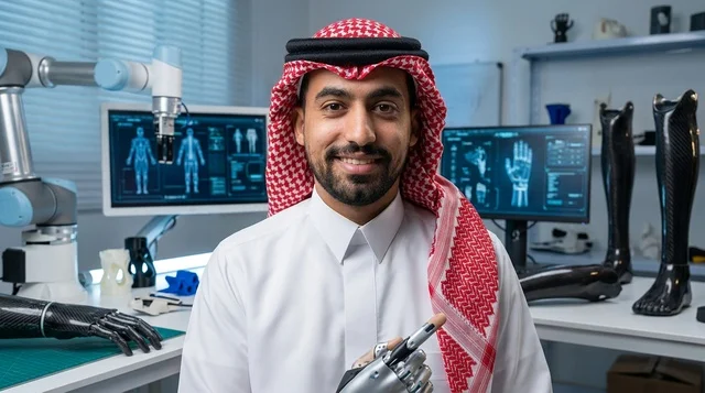 مهندس سعودي يتفحص يداً روبوتية اصطناعية في المختبر