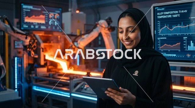 مهندسة إماراتية بالعباءة تستخدم جهاز لوحي في مصنع ذكي