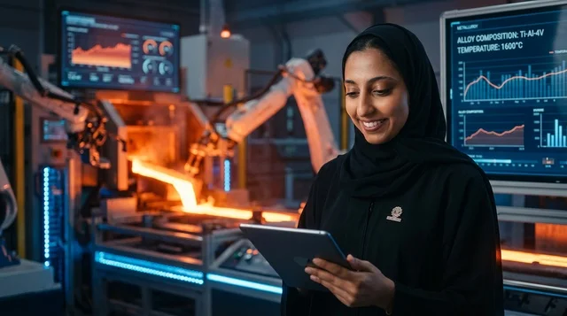 مهندسة إماراتية بالعباءة تستخدم جهاز لوحي في مصنع ذكي