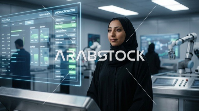 مهندسة سعودية تراقب خط إنتاج ذكي في مصنع روبوتات حديث