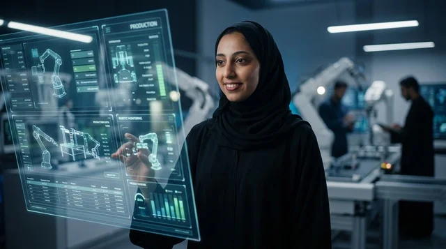 مهندسة إماراتية تتفاعل مع واجهة رقمية في مصنع ذكي
