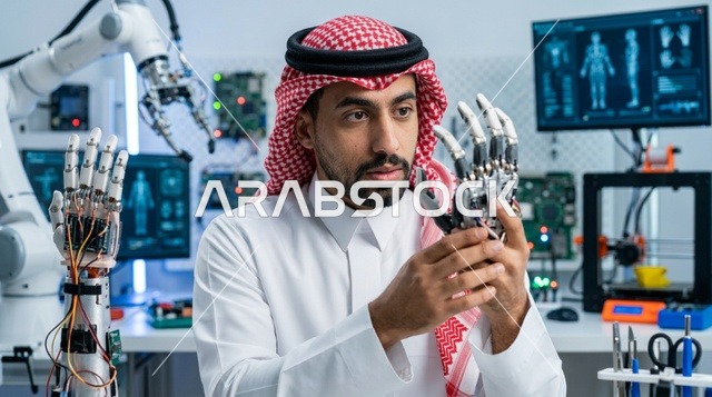 مهندس سعودي يتفحص يداً روبوتية اصطناعية في المختبر