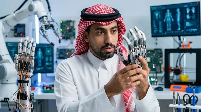 مهندس سعودي يتفحص يداً روبوتية اصطناعية في المختبر