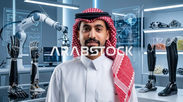 مهندس سعودي يتفحص يداً روبوتية اصطناعية في المختبر