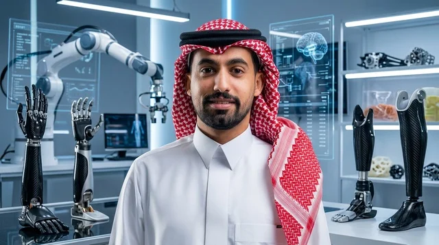 مهندس سعودي يتفحص يداً روبوتية اصطناعية في المختبر