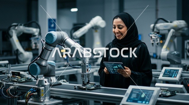 مهندسة عربية بالعباءة تراقب الأذرع الروبوتية في مصنع ذكي