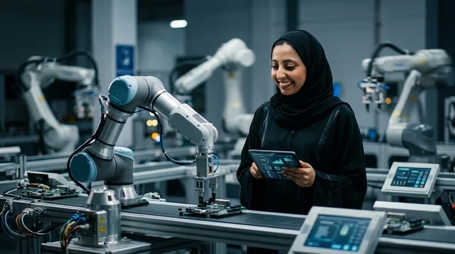 مهندسة عربية بالعباءة تراقب الأذرع الروبوتية في مصنع ذكي