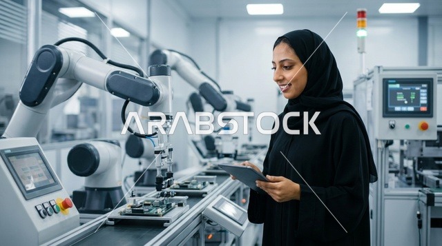 مهندسة سعودية تدير الروبوتات في مصنع ذكي حديث