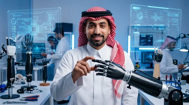 مهندس سعودي يتفحص يداً روبوتية اصطناعية في المختبر