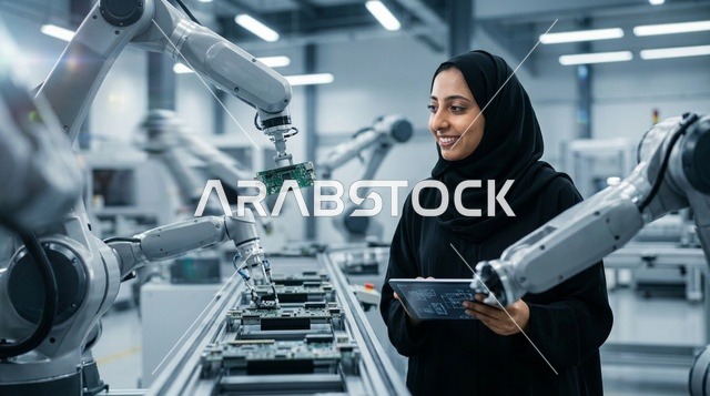 مهندسة عربية تشرف على الأذرع الروبوتية في مصنع ذكي