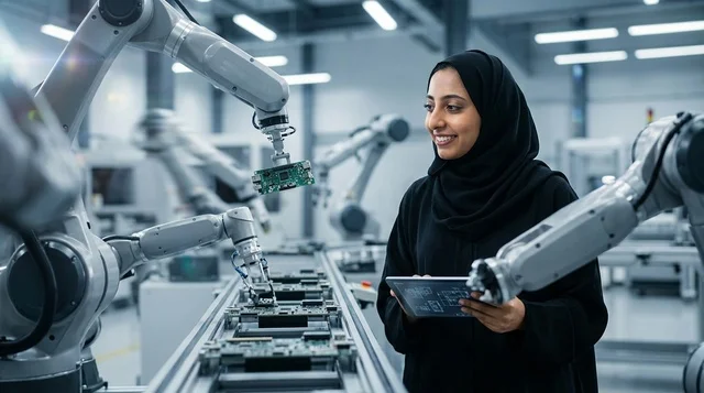 مهندسة عربية تشرف على الأذرع الروبوتية في مصنع ذكي