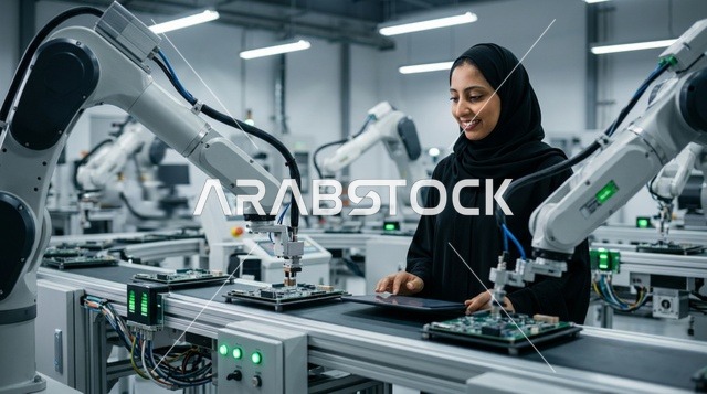 مهندسة سعودية ترتدي العباءة تشغل روبوتات صناعية في المصنع