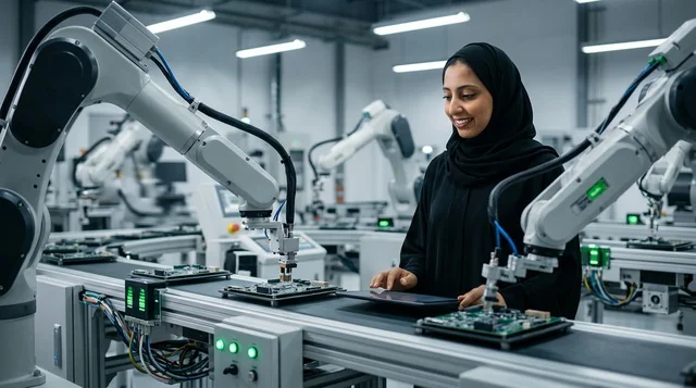 مهندسة سعودية ترتدي العباءة تشغل روبوتات صناعية في المصنع