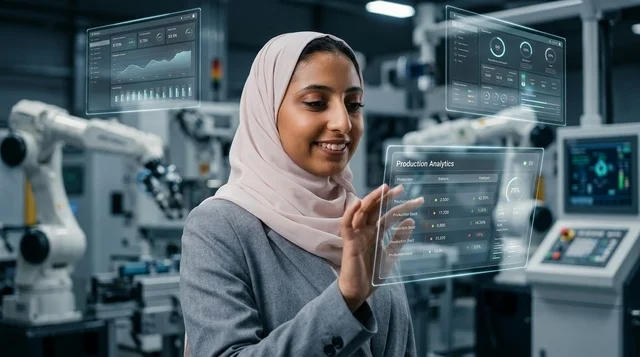 مهندسة عربية محجبة تتفاعل مع شاشة ذكية في مصنع