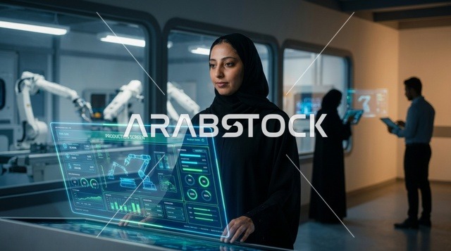 مهندسة سعودية بالعباءة تدير شاشة هولوغرام في مختبر