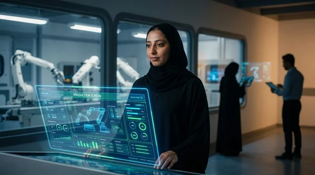 مهندسة سعودية بالعباءة تدير شاشة هولوغرام في مختبر
