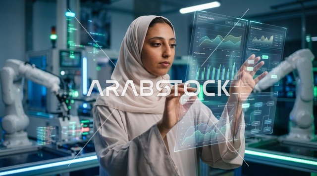 مهندسة عربية تتفاعل مع شاشة هولوغرام في مصنع روبوتات