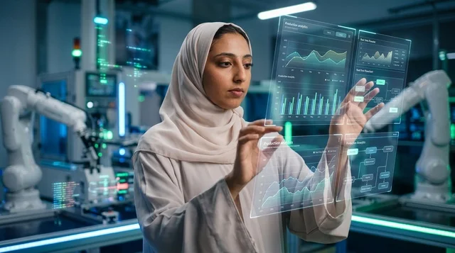 مهندسة عربية تتفاعل مع شاشة هولوغرام في مصنع روبوتات