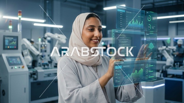 مهندسة عربية سعودية تتفاعل مع شاشة هولوغرام في مصنع