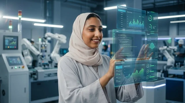 مهندسة عربية سعودية تتفاعل مع شاشة هولوغرام في مصنع