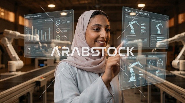 مهندسة سعودية تتفاعل مع شاشات ذكية في مصنع مؤتمت