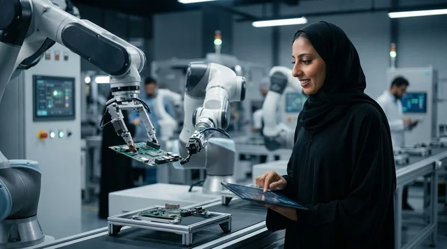 مهندسة إماراتية بالعباءة تدير أذرع الروبوتات في مصنع حديث