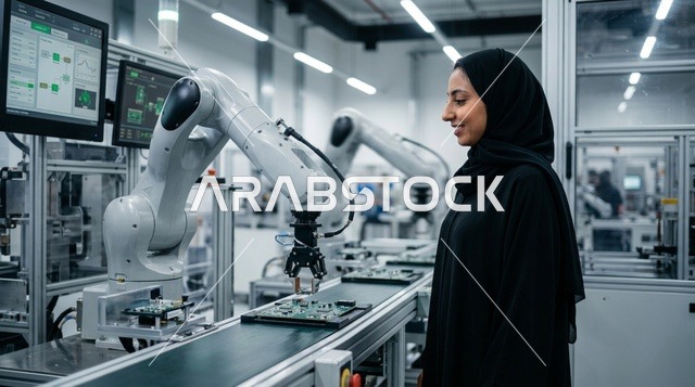 مهندسة سعودية بالعباءة تراقب الأذرع الروبوتية الذكية
