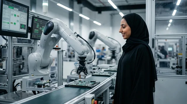 مهندسة سعودية بالعباءة تراقب الأذرع الروبوتية الذكية
