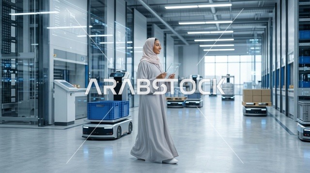مهندسة عربية بالعباءة والحجاب داخل مستودع ذكي مؤتمت