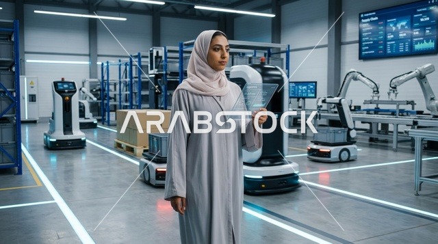 مهندسة عربية بالعباءة والحجاب في مستودع ذكي مؤتمت