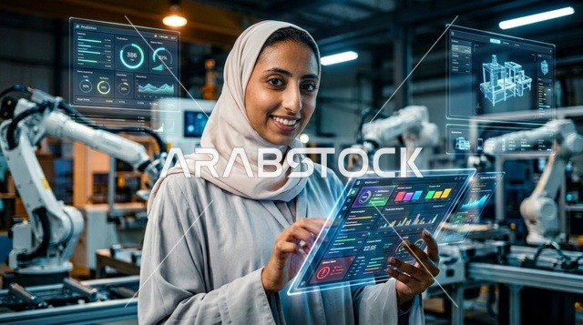 مهندسة عربية بالحجاب تستخدم شاشة هولوغرام في مصنع ذكي