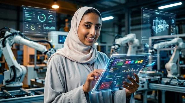 مهندسة عربية بالحجاب تستخدم شاشة هولوغرام في مصنع ذكي