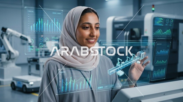 مهندسة عربية في مصنع ذكي مع شاشة هولوغرام تفاعلية