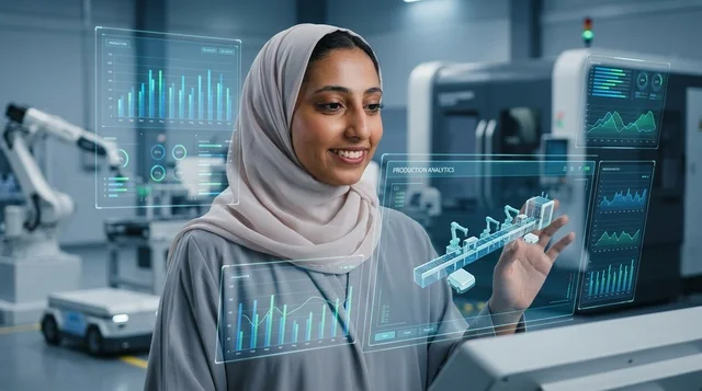 مهندسة عربية في مصنع ذكي مع شاشة هولوغرام تفاعلية