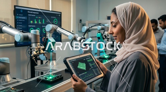 Arab Female Engineer with Tablet in High-Tech Robotics Lab